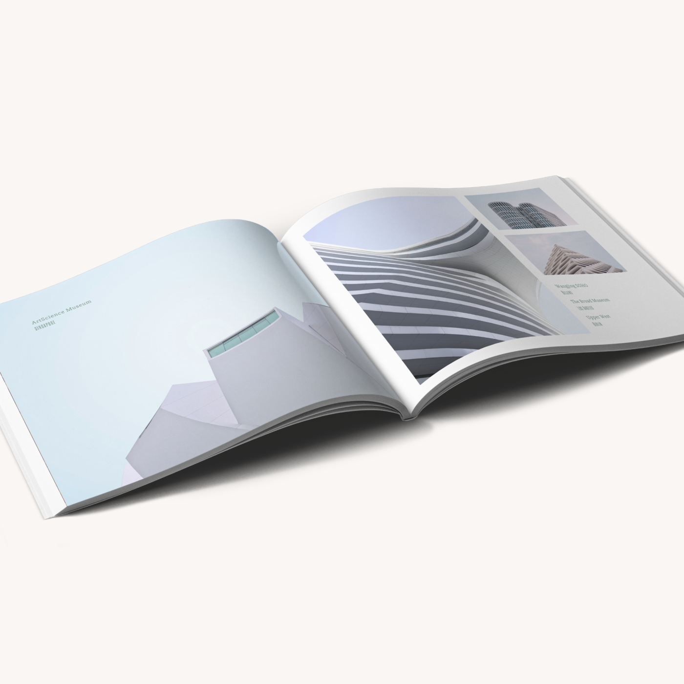 Softcover photo book shown open with architectural design imagery.